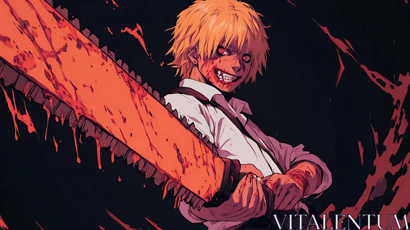 Blood-soaked blonde fighter wielding oversized chainsaw blade