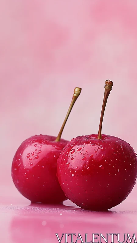 Close-up of two wet cherries on soft pink background.