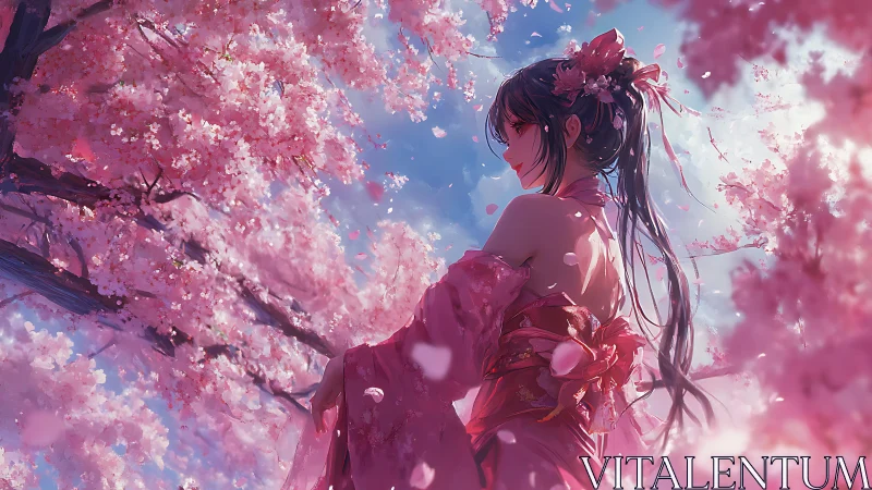 Anime kimono figure under dense cherry blossoms in dynamic backlight
