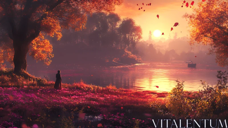 Solitary figure observes autumn sunset over reflective lake