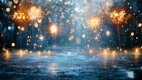 Sparkling fireworks dance brightly across a misty night sky
