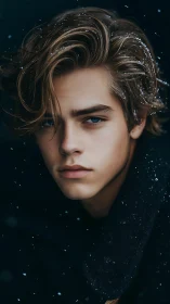 Winter portrait captures intense gaze in soft snowfall.