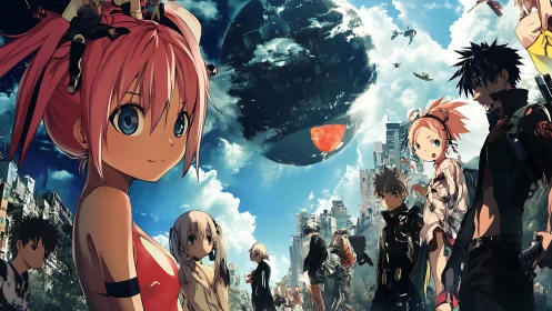 Postcollapse anime cityscape with fractured orbital megasphere.