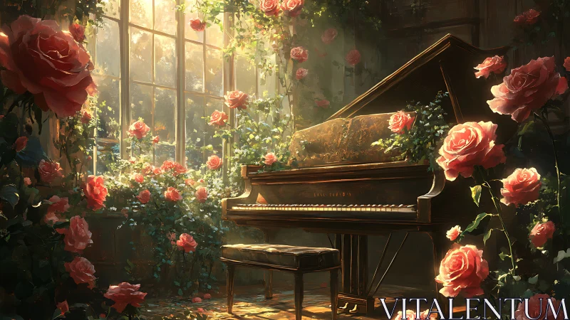 Sunlit roses gently surround a grand piano in quiet bloom