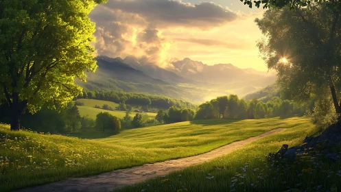 Backlit mountain valley rendered with high-dynamic-range sunset light