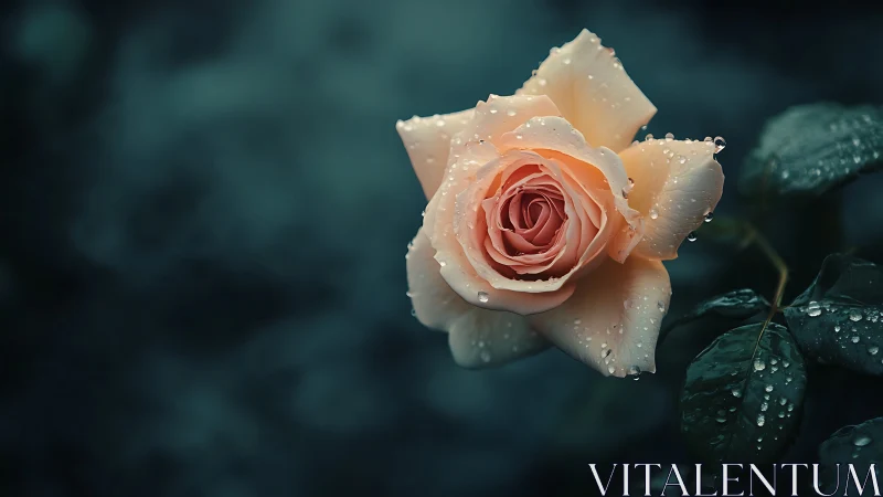 Peach-Salmon Rose with Dew Droplets on Blurred Teal Background