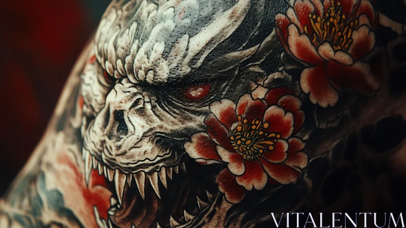 Demonic skull tattoo with scarlet florals and high contrast shading.