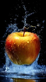 Red and yellow apple struck by upward water splash motion.