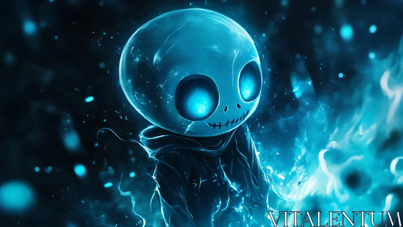 Glowing blue skull character stands within swirling energy field