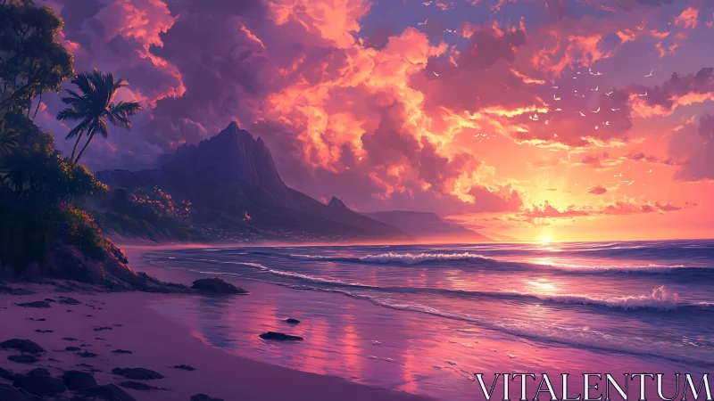 Spectral-luminance coastal sunset with mountainous shoreline panorama.