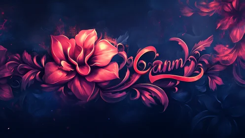 Luminous 3D floral composition with red peonies and decorative script text.