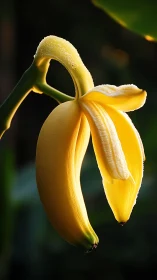 Banana-shaped yellow flower bud with dew in closeup view