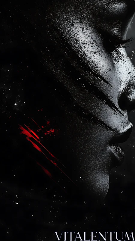 High-contrast profile of textured face with red diagonal scars.