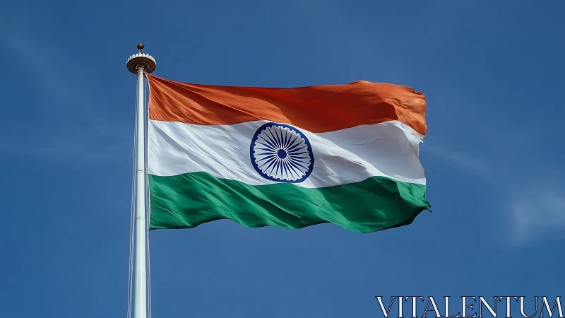 Indian tricolor flag rippling cleanly against clear blue sky.