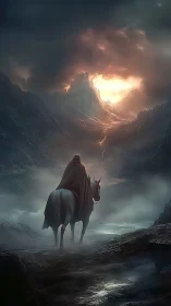 Lone cloaked rider confronts a burning citadel at dusk