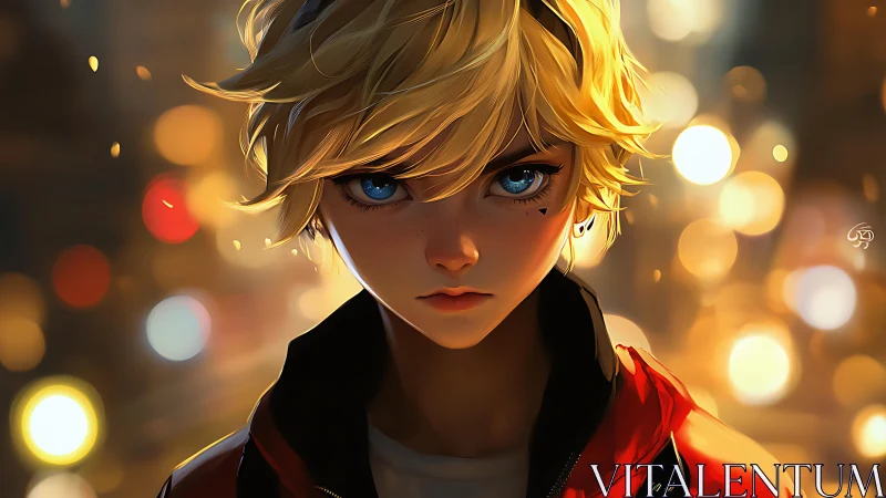 Golden haired anime teen glowing in soft city lights.