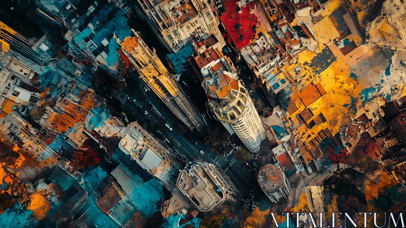 Aerial cityscape merges towers with abstract paint overlays.