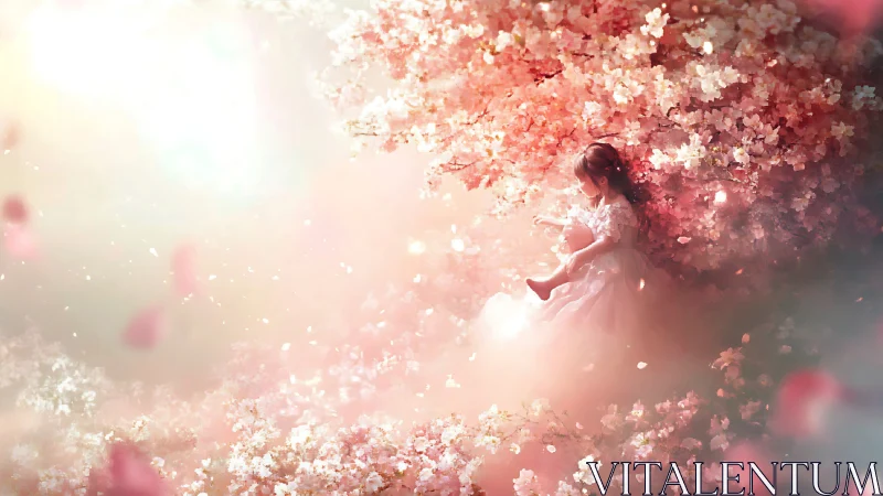 Ethereal girl resting under luminous cherry blossoms.