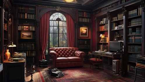 Traditional wood panelled library with leather sofa and desk.