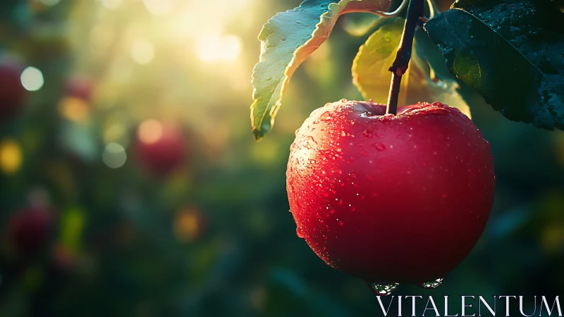 Red apple on tree branch with dewdrops in morning light.