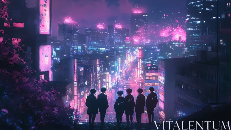 Silhouetted youths survey neon cyberpunk city under pink flares