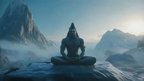 Meditating Shiva statue on icy mountain plateau at sunrise