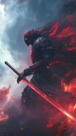 Flaming dark knight with infernal sword amid stormfire sky.