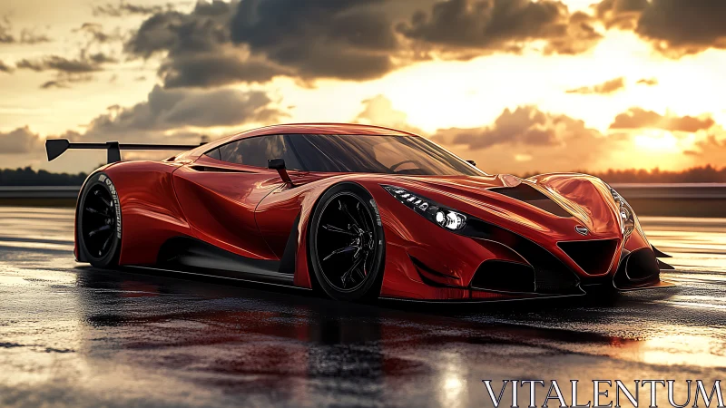 Scarlet sunset supercar resting on a rainlit racetrack.