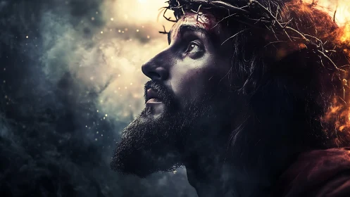 Digital painting portrait with haloed crown of thorns and smoke.