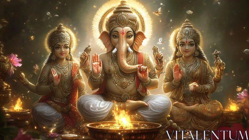 Divine depiction of Ganesha with goddesses in radiant light.