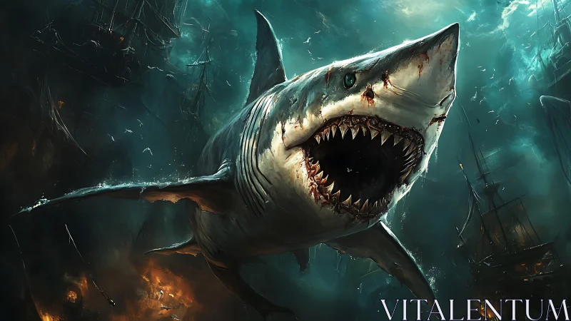 Cinematic digital painting of monstrous shark assaulting fleet.