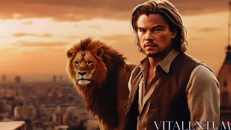 Man and lion stand together above defocused city at sunset