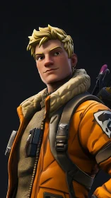 Blond game hero in rugged orange jacket stares down danger.