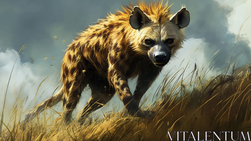 Predatory hyena stalking through stormy savanna grassland.