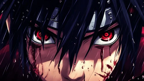 Blood-soaked anime warrior stares ahead with burning resolve.