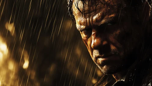 Intense close up of grim man standing in heavy rain.