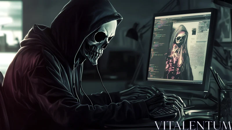 Hooded cyber reaper quietly rewrites fate in neon code