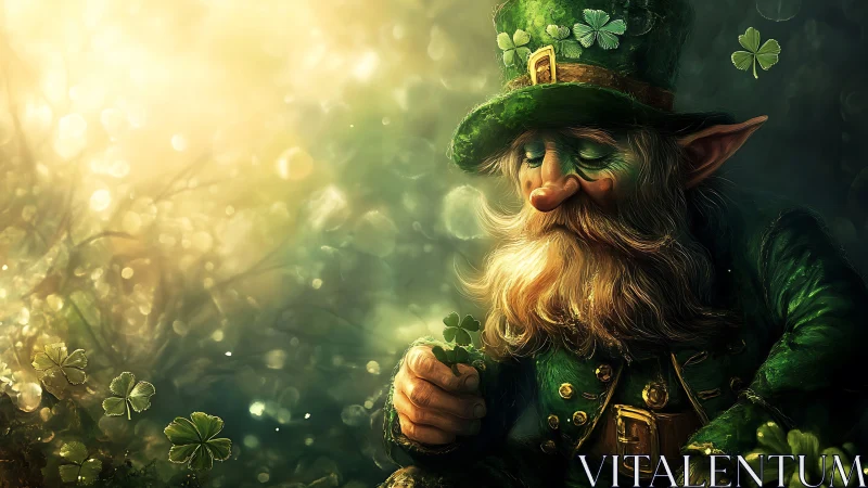 Leprechaun studies clover under glowing forest light.