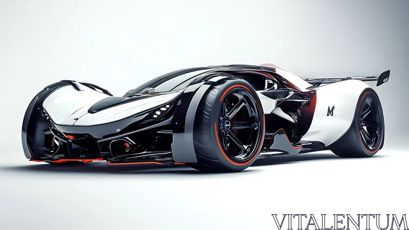 Futuristic black and white hypercar concept in studio setting.