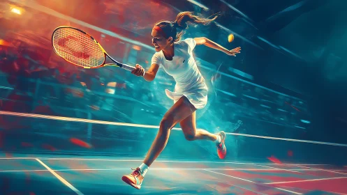 Dynamic tennis player sprinting across neon court in motion.