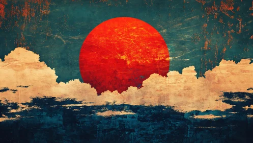 Crimson sun ignites textured clouds over abstract horizon.