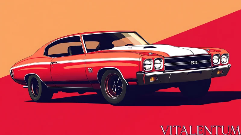 Retro muscle car illustration on bold color planes.