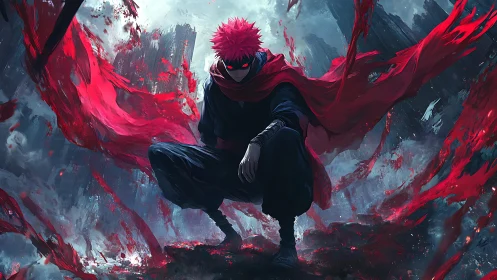 Crimson rogue crouches amid storm of tearing red cloth.