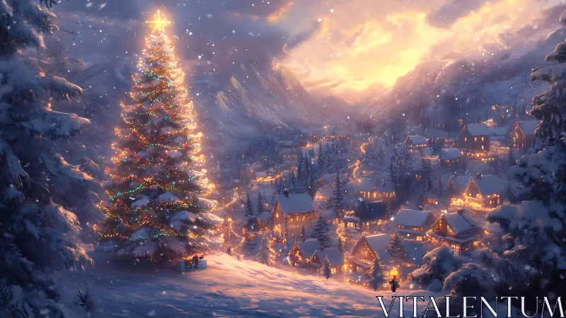 Snow covered village glows beneath a towering lit tree