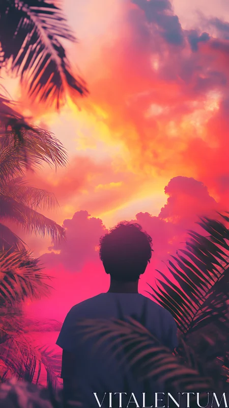 Silhouette observes dense tropical foliage under saturated sky