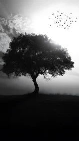 Backlit solitary tree silhouette with high contrast tonal range