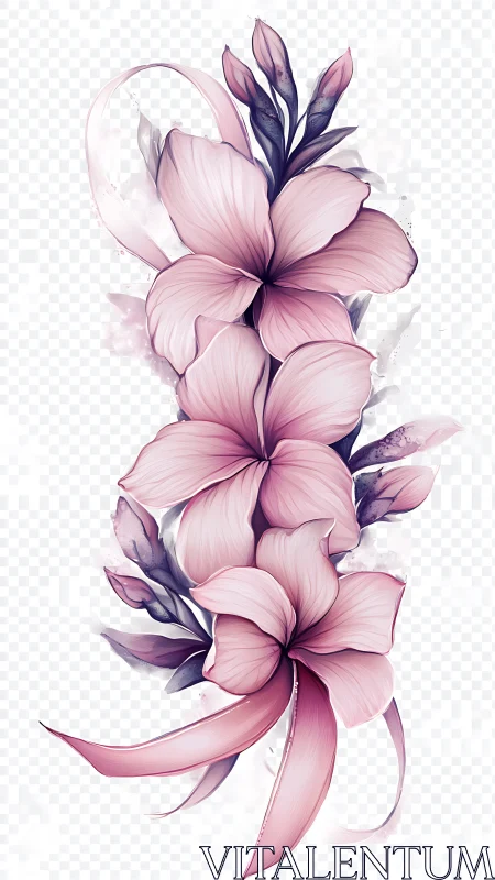 Soft pink floral cascade with ribbon and translucent leaves.