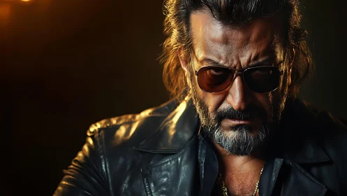 Middle-aged man in leather jacket under controlled lighting