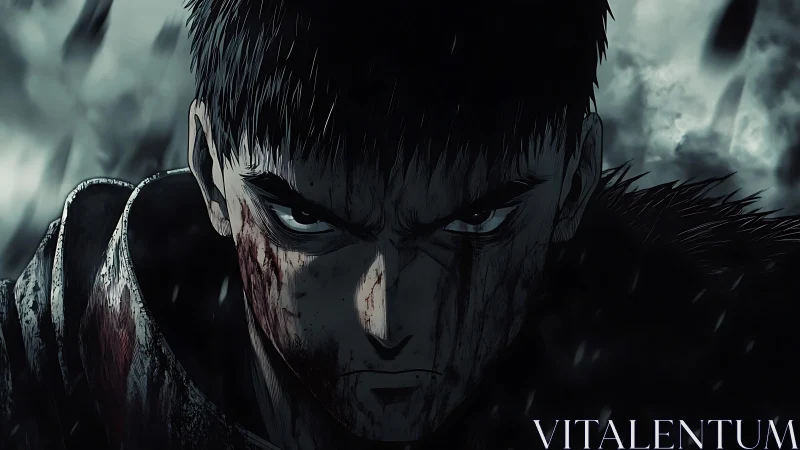 Bloodstained anime warrior in shadowed, stormy setting.