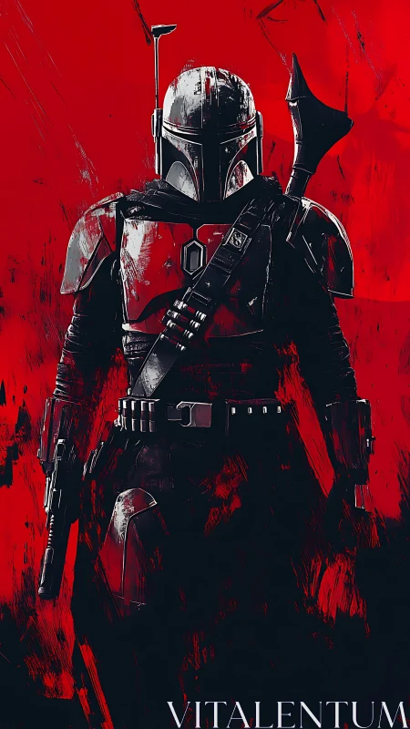 Armored space warrior stands against a blood-red chaos backdrop